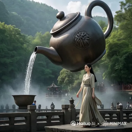"镜头跟随，动态移动，图中美女一点脚尖 ，飞过去右手端起下面的茶杯一饮而尽，一个转身 她脚下轻点，身形如燕，瞬间跃至半空，抓住了大茶壶的把手，稳稳端起大茶壶。仿若飞箭，这一招融合了轻盈的轻功与凌厉的剑式。美女后退两步，脚步如行云流水，双手向上一举，美女举起大茶壶向远方飘去。招式快如闪电，轻功使得她的动作更加飘逸灵动，她施展奇妙的轻功身法，穿梭自如，呼呼生风。 by Hailuo AI Video Generator
