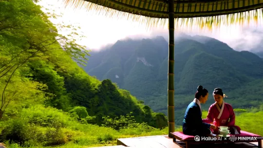 山中竹亭下两个人对饮茶，聊天[右摇,变焦推进] by Hailuo AI Video Generator
