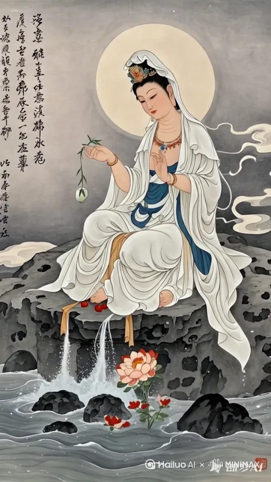 观音看水面清波浮动，手中轻摆细柳 by Hailuo AI Video Generator
