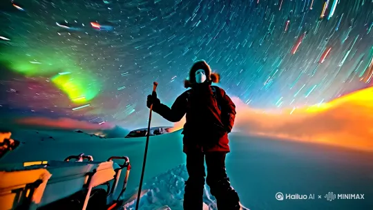 电影级广角仰拍：星空下冲锋衣旅者立于雪山之巅，手持雪杖剪影刺破旋转星轨。动态风雪粒子环绕，伦勃朗光勾勒面部冰霜，冲锋衣褶皱随狂风高频颤动，呼吸白雾与极光同步脉动。青橙色调，8K超清，浅景深虚化背景雪崩烟尘[左移,上升] by Hailuo AI Video Generator