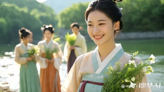 树枝随风摆动，流水潺潺，图片上几位轻男女开心地前行，神情愉悦，开心地一边前行，一边赏花，摄像机跟随拍摄，唯美，艺术，镜头跟踪拍摄，画面温馨美好 by Hailuo AI Video Generator