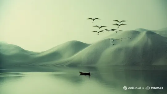 "极简主义,大面积的空白,山形,水面反射,透视美学,浅绿色,柔和的渐变色,中国古代的极简主义绘画,孤独的小船,飞翔的一群白鹭,透明模型,微距变焦,面纱,面纱材料,纯白色背景,意境墨水,景深,无黑色 by Hailuo AI Video Generator