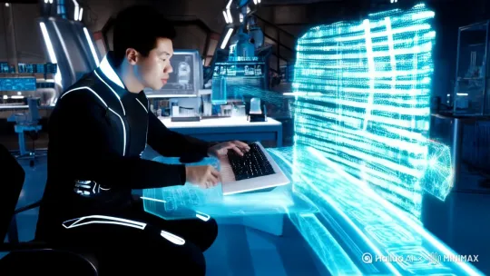 开启「电影质感优化」（默认分辨率4K/25fps）、「动态光影渲染」（增强赛博朋克光效）、「微表情强化」（精准捕捉汗珠、瞳孔收缩等细节）。
实验室特写：冷色调的量子计算全景实验室，冷蓝光效，量子计算机组运转，全息数据流环机组闪烁蓝光环绕。亚洲男性研究员侧脸特写，眼神专注，手指敲击透明键盘。电影级广角镜头，赛博朋克风格。全息屏幕上滚动加密数据流。镜头推近林深的侧脸，他凝视屏幕，手指在虚拟键盘上快速敲击。


人物原型：您提供的证件照将被设定为一名30岁的信息科技研究员昊天，专注脑机接口与人工智能伦理研究。
世界观：近未来2045年，昊天团队开发出全球首个具备自我意识的量子AI「星链」，但技术突破引发军方与科技巨头的争夺，剧情围绕「技术失控与人性救赎」展开。 by Hailuo AI Video Generator
