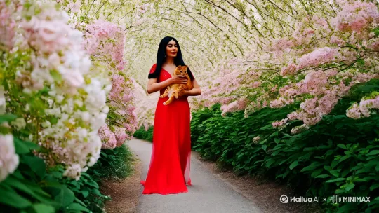 一一个漂亮的黑发美女身穿红色的礼服裙包着一只橘色的猫咪，在开满梨花的小路上行走 by Hailuo AI Video Generator