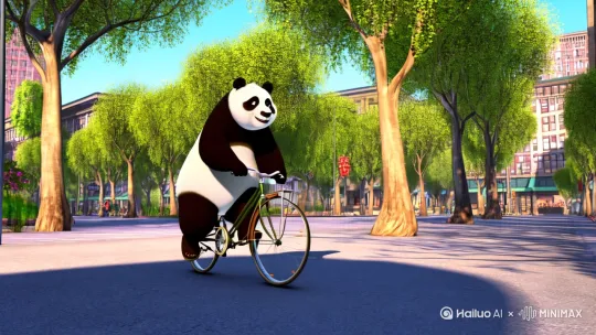 一只熊猫骑着自行车在大街上跑。镜头随拍。 by Hailuo AI Video Generator