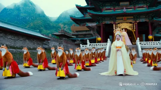 泰山上的王母娘娘的庙会场面非常壮观，三月三王母娘娘驾到到，有狐狸似人样穿祝色衣服走在王母娘娘面前扣拜来庆祝祝景9：16 by Hailuo AI Video Generator
