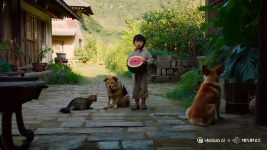 七十年代的一个农家小院子，一只中华田园犬、一只小花猫、一个抱着大西瓜的小男孩。 by Hailuo AI Video Generator