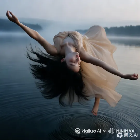 AI 视频：超高清画质，捕捉清晨的静谧时刻。平静如镜的水面上，一位美女身着白色轻薄睡裙，发丝微微凌乱。她双目似闭非闭，宛如梦游，轻盈悬浮于水上，而后缓缓向前飞翔。微风轻拂，睡裙裙摆飘动。四周晨雾尚未散尽，远处山峦若隐若现。镜头环绕美女，时而拉近特写她梦幻神情，时而拉远展现她与水面、晨景的融合，全方位呈现这如梦似幻的悬浮飞翔画面。[左移,推进,右摇] by Hailuo AI Video Generator
