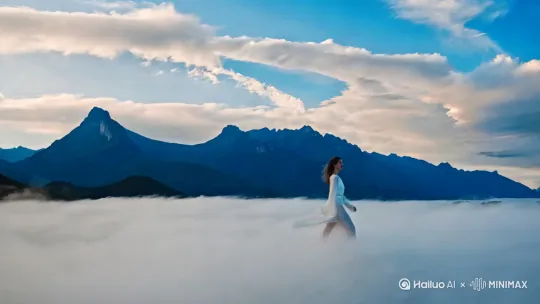电影感画面，远山、蓝天白云，白衣女子穿云而过，仰视感。 by Hailuo AI Video Generator