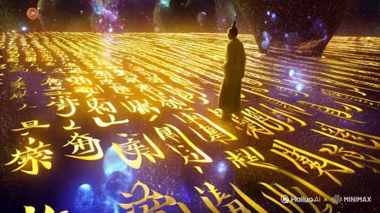 流体水墨心经,以书法呈现,一排排发光金色透明心经书法如雨般落下。修行人在宇宙中稳步前行,置身于虚空世界,虚实相映。星罗万象,画面具备86K超高清画质,周围环境丰富,散发着光芒,构图完美,堪称大师作品。超高清画质与超写实风格相得益彰,立体感十足
图片2.0 Pro by Hailuo AI Video Generator