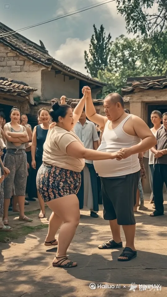 场中短裤大妈和大爷正在跳探戈，两人疯狂旋转，地面摩擦出火花，尘土飞扬 by Hailuo AI Video Generator
