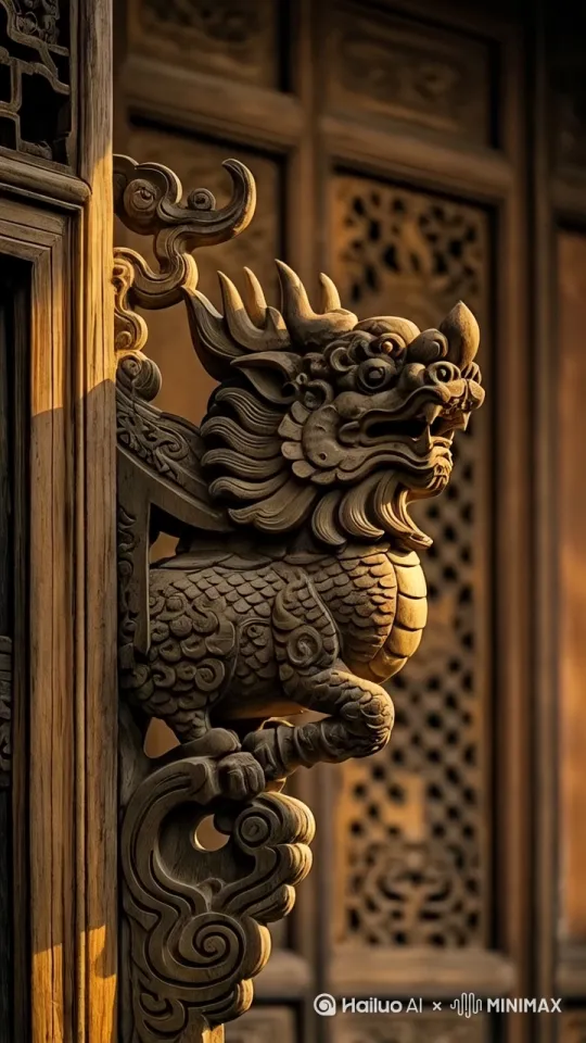 古建筑活化，梁柱表面的龙形木雕逐帧苏醒，然后在空中游动 by Hailuo AI Video Generator
