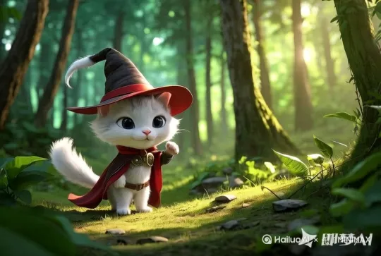 小兔在森林站着向前走，嘴巴大笑，眼睛晃动，尾巴摇动，帽子尖动 by Hailuo AI Video Generator
