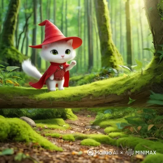 小兔在森林里从上往下跳，再向前走，嘴巴大笑，眼睛晃动，尾巴摇动，帽子尖动 by Hailuo AI Video Generator