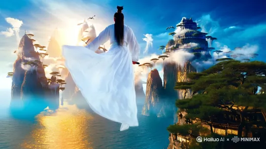 主体：修仙者踩着剑[推进,上升]飞行,
环境：浩瀚海洋, 悬浮仙山群, 天空琼楼玉阁,
细节1：衣袂飘动的素白长袍,
细节2：山体缠绕灵雾与青松飞瀑,
细节3：晨光穿透云层形成丁达尔效应,
细节4：仙鹤环绕/海面倒映金光涟漪,
风格：拟真风格[推进,上升]
色调：青蓝主色+鎏金点缀,
技术效果：超高清8K/体积光渲染/景深层次 by Hailuo AI Video Generator