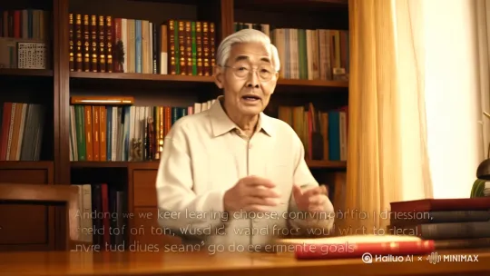 主体角色老人在书房，他清了清嗓子，开始了有声有色的演说：＂只要我们不断地学习，选对方向，舍得投入，事事求是，避虚就实，不断改进工作思路及方法，目标锁定 不忘初心，就能够实现我们的既定目标！＂ by Hailuo AI Video Generator
