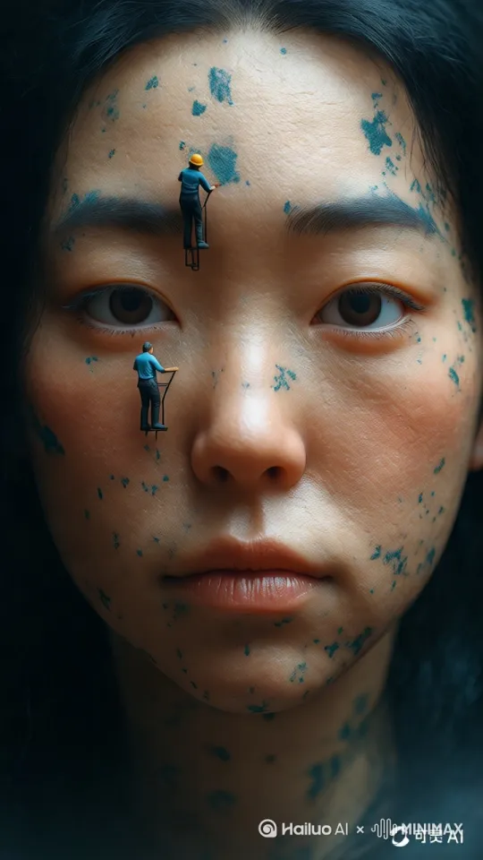 脸上的小人在工作，巨型人脸固定[固定镜头] by Hailuo AI Video Generator