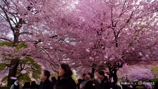 大风把樱花吹落成花瓣雨，人们在樱花树上欣赏着 by Hailuo AI Video Generator