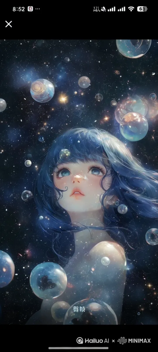 女孩女孩眼睛向上看，旁边的气泡往上飞，眼睛雅扎有一种向往梦幻的感觉，这动作很流畅，速度稍微快一点儿。 by Hailuo AI Video Generator
