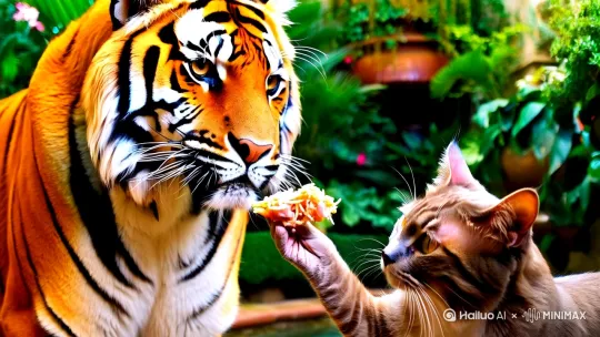 猫给老虎吃鱼香肉丝 by Hailuo AI Video Generator