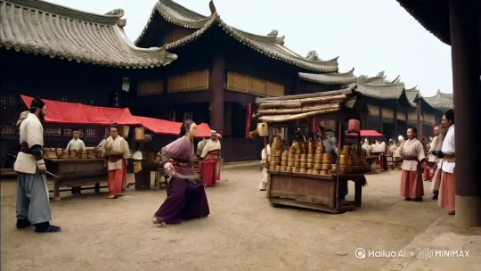 00:16-00:25 (360°环绕镜头+变速剪辑)
女侠旋身踢翻茶摊(飞溅的茶叶慢镜),竹制桌板凌空劈碎(木屑迸射) 。匪首重刀砍来,女侠后仰闪避(镜头贴地仰拍),刀锋擦过鼻尖削断发带(青丝散落特写) by Hailuo AI Video Generator