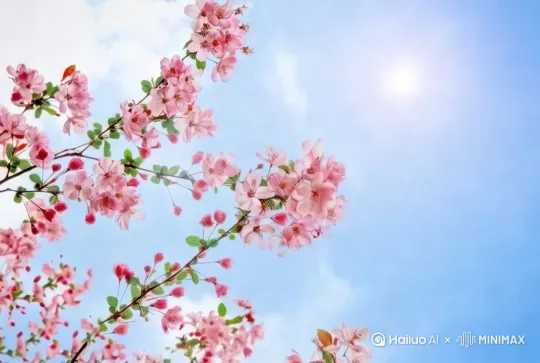 鸟儿在叽叽喳喳的叫，在海棠花间穿梭[右摇,变焦推进] by Hailuo AI Video Generator