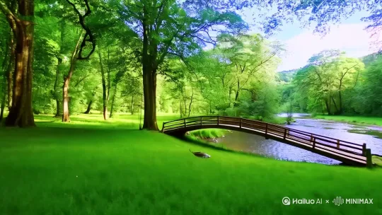 参天大树 绿草地  溪水小桥 一个人抓鱼后烤肉 烤鱼  喝点小酒  惬意 by Hailuo AI Video Generator