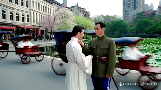 予你半生流离

民国十六年，暮春的北平城，洋楼与胡同并立，黄包车在柏油路上穿梭如织。林砚书，出身书香世家，才情出众，眉眼间是化不开的温润；顾承泽，军阀幼子，一身戎装挺拔冷峻，却独独对林砚书柔情似水。

二人相识于一场诗会，林砚书诵读自己新作，顾承泽被那婉约词句与清雅风姿撞了心，此后寻机接近。一来二去，情愫暗生，常于北海公园泛舟，荷叶摇曳间，顾承泽紧握住林砚书的手，许下一生不相离的诺言。

可乱世哪容得下这般柔情。顾承泽的父亲与南方革命党冲突不断，为求联盟，竟要将顾承泽送与大帅之女联姻。消息传来，如晴天霹雳。顾承泽第一次在林砚书面前红了眼眶，他嘶吼：“我绝不从命，阿书，等我想办法。”

林砚书却知，军令难违。他强装镇定，轻抚顾承泽面庞：“你我缘分，或止于此，君当以家国为重。”转身，泪如雨下，满心悲戚，脚步都似灌了铅。

婚期渐近，顾承泽被禁足府中，只能差亲信给林砚书递信。林砚书看着满纸深情，心一寸寸碎，家中长辈也听闻风声，逼他南下避风头，莫要卷入军阀纷争。

离京那日，暴雨倾盆。林砚书在火车站台，望着顾承泽府邸方向，望到列车启动，望到视野模糊。顾承泽挣脱看守，策马狂奔至车站，却只看到列车远去的黑烟，他摔下马，在泥水中紧握双拳，仰天悲啸，雨水混着泪水，淌过绝望的面庞。

南下途中，林砚书身染重病，在客栈昏迷数日，幸得同行旅人救助。病愈后，他只剩一副形销骨立的躯壳，心也似被掏了个空，落脚上海，在小报馆谋了个写稿差事，文字间满是相思愁绪。

顾承泽新婚夜，独坐书房，对月饮酒，酒入愁肠，满心都是林砚书的浅笑、嗔怒，新娘的红盖头未掀，他已醉倒在回忆里，门外的喜乐声似是隔了一个世界。婚后，他频繁出入战场，枪林弹雨中毫不退缩，似是要将满心悲苦用炮火宣泄。

数年后，顾承泽战功赫赫，在权力漩涡中心站稳脚跟，却也树敌无数。大帅府一场鸿门宴，酒过三巡，灯光熄灭，混战骤起。顾承泽身中数刀，拼尽最后一丝力气突围而出，奄奄一息之际，被副官藏于暗巷。

此时，林砚书因采写新闻，意外踏入这条暗巷。看到满身鲜血的顾承泽，他瞬间慌了神，颤抖着手去捂伤口：“承泽，你怎么了？”顾承泽气若游丝，嘴角溢血，却努力挤出一抹笑：“阿书……我终是……又寻到你了……”

林砚书泪如雨下，背起顾承泽寻医。手术室外，他来回踱步，满心懊悔，恨这乱世将他们拆散，恨自己没能守在他身边。顾承泽术后昏迷不醒，林砚书日夜守在床边，讲述着这些年的漂泊，从上海弄堂的烟火到黄浦江边的孤影。

可命运的恶意未消，顾承泽的仇家寻来，一把火烧了诊所。林砚书背着顾承泽在火海中奔逃，呛人的浓烟、滚烫的火苗，每一步都似踏在生死边缘。好不容易逃出，顾承泽却因吸入过多浓烟，气息愈发微弱。

在一个破晓时分，顾承泽缓缓睁眼，看到满脸疲惫的林砚书，他抬手，想抚去爱人眉间的哀愁。林砚书忙握住他的手，贴在脸颊：“承泽，你撑住，我们说好不分离的……”顾承泽气若游丝：“阿书……此生……负你……”言罢，手无力垂落，眼眸渐黯。

林砚书呆愣片刻，随后爆发出撕心裂肺的哭喊，他抱紧顾承泽渐冷的身躯，在晨光熹微中，灵魂似也随爱人而去。战火仍在蔓延，可他的世界已轰然崩塌，此后余生，回忆成了唯一羁绊，在飘摇乱世，守着半生流离的过往，孤独终老，只因那刻骨铭心的爱，在最灿烂时被碾碎，空余满心悲怆，再难寻安宁。 by Hailuo AI Video Generator