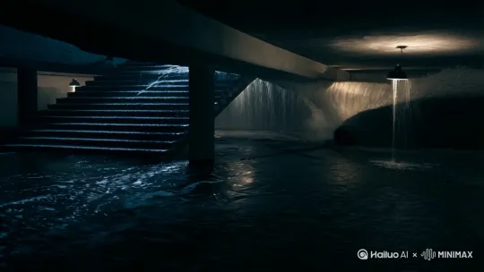 地下三层的楼梯积水迅速上涨 by Hailuo AI Video Generator