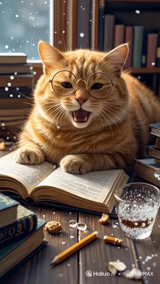 橘猫张开嘴读书，翻开一页书 by Hailuo AI Video Generator
