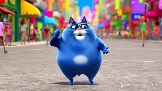 抖音里很火的蓝色胖猫，戴着眼镜，在宽阔的街道上，站立着跳舞。动感的节奏。自信的资本，标志性的手势动作。背景为模糊背景。画面风格为写实 by Hailuo AI Video Generator