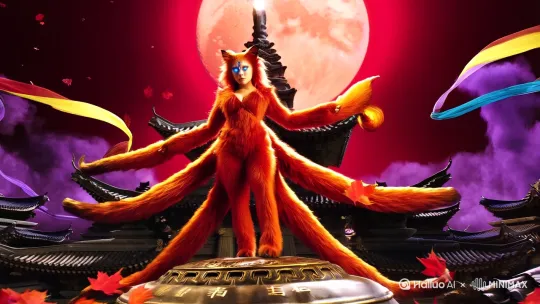 妖艳的美女立于古庙废墟顶端，赤红毛色泛着金光，九条狐尾如火焰流动，瞳孔泛着幽蓝冷光，额间有朱砂印记，脚踩漂浮的青铜法器，背景是血色圆月与飘落的枫叶，丝绸薄纱缠绕肢体，暗紫色烟雾弥漫四周，东方玄幻美学风格，8k画质，动态光影突显妖异气质，符文飘带环绕周身[左移,推进,右摇] by Hailuo AI Video Generator