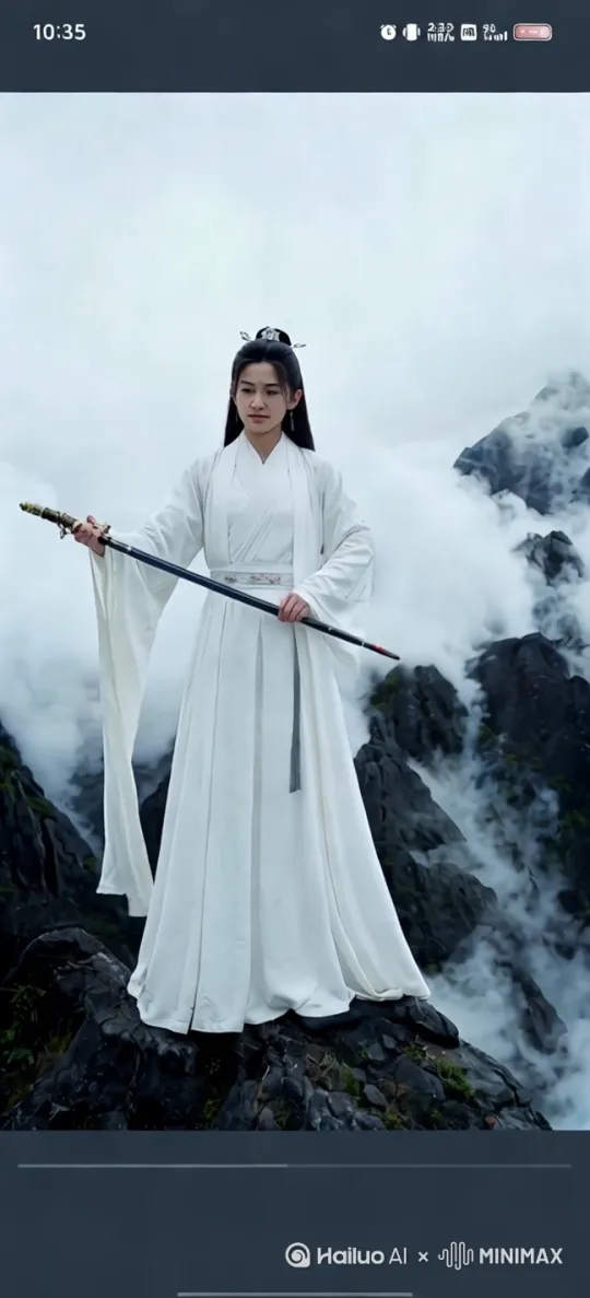"女侠凌空飞跃，剑光如电，连续回旋斩击，衣袂翻飞，背景雪花纷飞，招式行云流水" by Hailuo AI Video Generator