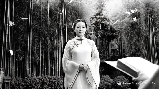 [推出,上升,下摇]林徽因与泰戈尔的诗意告别
场景灵感：1924年泰戈尔访华时，林徽因作为翻译与诗人拥抱，画面可融入徐志摩的侧影虚化。
生成关键词： 民国旗袍与印度长袍，庭院竹林背景，黑白胶片颗粒感，飘落诗稿动态 by Hailuo AI Video Generator