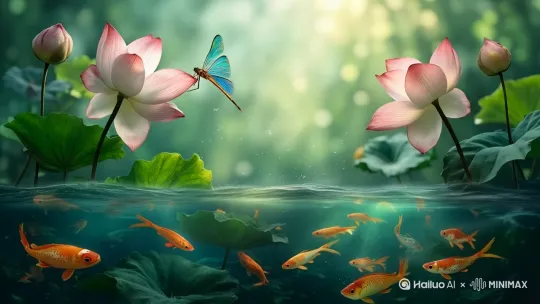 鱼儿在左右的循环游动，[左移,右摇,跟随][右移,左摇,跟随]非常欢快，时而吃食，时而跃出水面，用嘴里的水去喷荷花上的蜻蜓，[推进,上升]。清风吹来，所有荷花在风中轻轻的摇摆[右摇,变焦推进]，水面的波光粼粼，反射着耀眼的阳光。仿佛荷花在散发着诱人的清香[左移,上升]。以4Ｋ表现 by Hailuo AI Video Generator