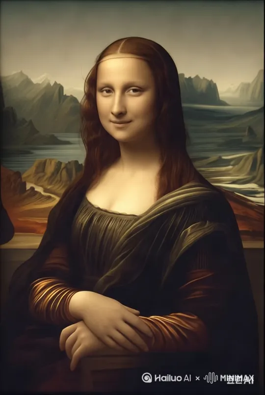 蒙娜丽莎从画框中下来，向你走来，微笑着举起右手，向你大招呼[左移,推进,右摇] by Hailuo AI Video Generator
