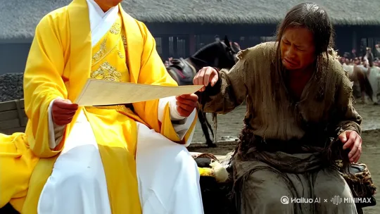画面**：  
  - 突然插入快切镜头：黄衣使者策马扬鞭（"翩翩两骑"），与卖炭翁的佝偻形成视觉对比（参考[13]]对"黄衣使者白衫儿"的解析）。  
  - 特写"手把文书口称敕"的傲慢表情，与卖炭翁颤抖的双手（引用[3]]对宫使动作的描写）。  
  - 炭车被强行拖走，半匹红绡飘落泥地（"系向牛头充炭直"的讽刺画面，参考[13]]对"宫市掠夺"的批判）。  
- **音效**：  
  突然的马蹄声与喝斥声，配合刺耳的金属摩擦音。  
- **字幕**：  
  "半匹红绡一丈绫"（引用[1]]的注释），用嘲讽语气强调不公。[推进,上升] by Hailuo AI Video Generator