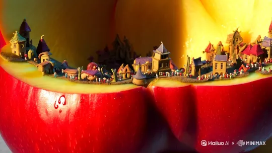 微观世界。微距摄影。苹果中的小人国。 by Hailuo AI Video Generator