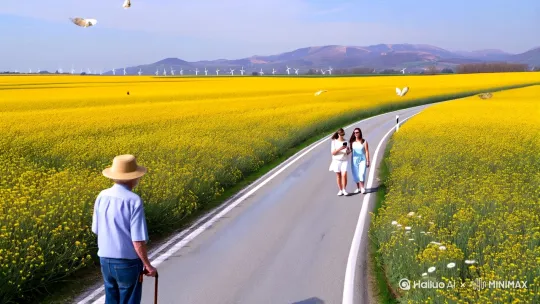 *画面构图：**
1. **主体色调**  
   - 前景与背景铺满盛开的油菜花田，采用明亮的鹅黄色与嫩绿色渐变，营造春日生机。

2. **道路设计**  
   - 一条灰白色的蜿蜒柏油路从画面左下方向右上方延伸，形成视觉引导线。路面点缀反光质感，增强光影对比。

3. **人物互动**  
   - 中景处三名游客：左侧戴草帽的老人拄拐杖驻足，中间年轻女性举手机仰拍花田，右侧情侣手挽手前行。人物服装选择浅色系（米白、淡蓝）避免喧宾夺主。

4. **动态细节**  
   - 空中飘落几片花瓣，三只白蝶在花丛间低飞。路面边缘散落零星蒲公英，增加自然野趣。

5. **远景层次**  
   - 道路尽头消失于丘陵轮廓，淡紫色远山与风车剪影强化空间感。天空采用青蓝色渐变，搭配絮状卷云。

---
**氛围强化技巧：**
- 通过逆光处理花瓣半透明质感，人物脚边投下细长斜影暗示午后3-4点光位
- 近景油菜花用厚涂笔触突出立体感，远景则用湿画法虚化
- 添加15%噪点滤镜模拟胶片颗粒，增强田园怀旧情绪

您可将此场景用于水彩画创作或数字插画，关键是通过黄蓝互补色碰撞突出视觉张力，同时用人物动势平衡大面积花田的静态美感。 by Hailuo AI Video Generator
