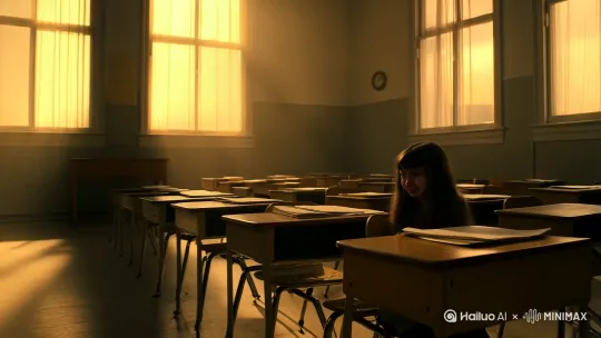帮我生成一个教室里面只坐了一个人的小女孩在哭 by Hailuo AI Video Generator