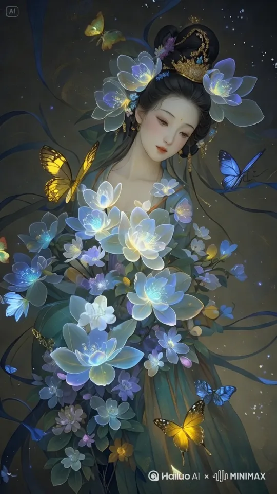 蝴蝶扇动着翅膀，发丝飘动，衣服随风飘扬，闪闪发光 by Hailuo AI Video Generator
