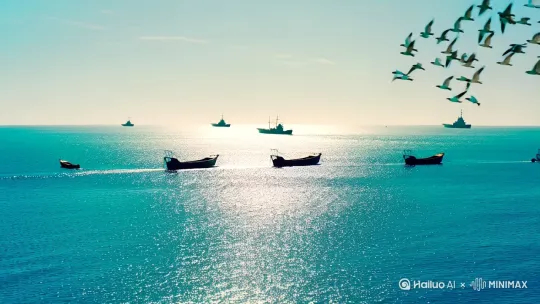 0-2秒：广角俯视镜头
- 青蓝色海水泛着钻石般波光（可叠加光效素材）
- 中景处3-5艘渔船随浪起伏
- 天际线处隐约可见两艘军舰轮廓
- 海鸥群以V字队形掠过画面右上方

2-4秒：水平推镜
- 焦点转向近景沙滩区
- 两顶条纹遮阳帐篷（建议黄色/白色）
- 左侧棕榈树在微风中摇曳（可加树叶动态）
- 右侧3位游客（躺椅、沙滩巾、书本道具）

4-6秒：动态升镜
- 前景椰树作为视觉引导
- 中景母亲为孩子涂抹防晒霜（温馨互动）
- 背景持续的海浪泡沫效果

6-8秒：慢镜头收尾
- 特写海鸥俯冲捕鱼溅起水花
- 自然过渡到LOGO/文字标题 by Hailuo AI Video Generator