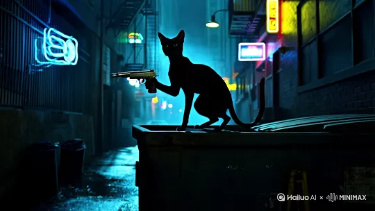 一只猫拿着一把手枪打死了一个人 by Hailuo AI Video Generator