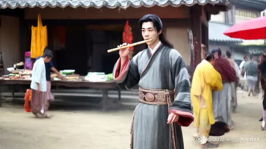 [左移  右摇   跟随]一穿古装的的英俊男子手持竹笛，穿梭在一个繁华的古村落的街道上。 by Hailuo AI Video Generator