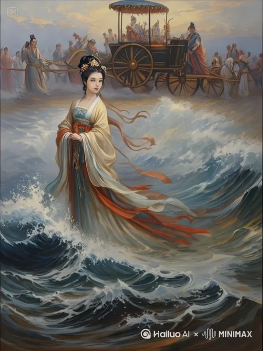 洛神立于水上，衣带随风飘扬，周边波涛汹涌，水花四溅，衬托着女神心中波澜起伏，不忍离去。电影质感。 by Hailuo AI Video Generator