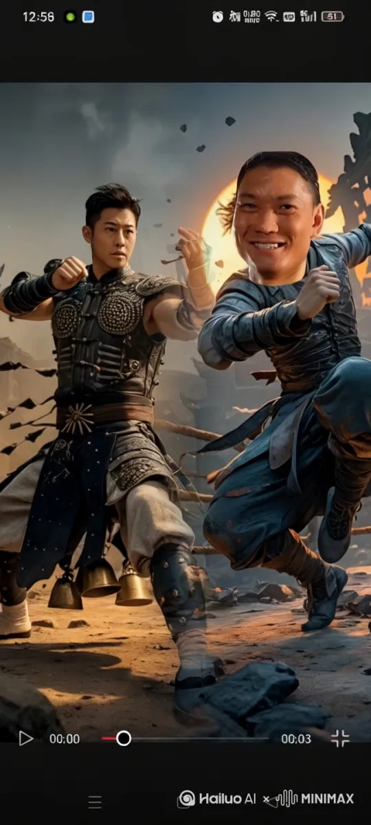 功夫对决，迅猛出招，你打我一拳，我打你一拳，你踢我一腿，我踢你两腿，踢三腿，踢四腿，踢五腿，转圈圈，后腿踢无影脚踢年年踢腾空飞踢。 by Hailuo AI Video Generator