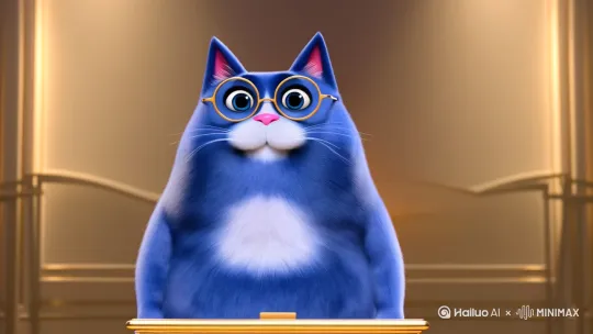 一只写实3d动画形象的可爱的蓝色胖猫(带着眼镜)站在讲台上自我介绍 by Hailuo AI Video Generator