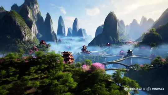 高空60度俯视角,大师高清摄影作品,梦幻仙境电影风格,由远及近拉入镜头,虚幻引擎渲染,高山幽谷,云雾缭绕,有亭台楼阁,空中廊桥,小桥流水,鸟语花香,超真实感,自然光影,电影分镜头,画面清晰明亮,高饱和度。 by Hailuo AI Video Generator
