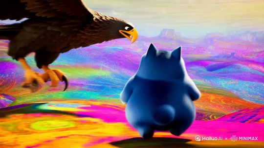 大鹏鸟和一只胖胖的蓝色猫咪打架 by Hailuo AI Video Generator