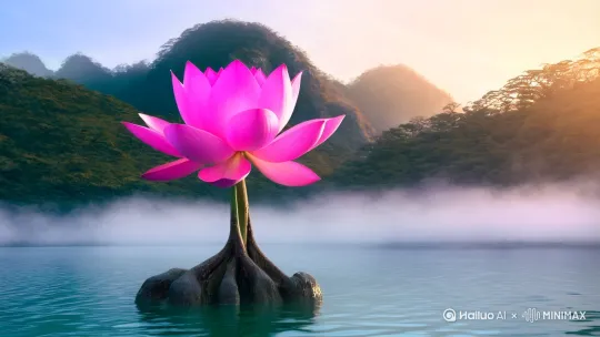 一座仙山中，有一个美丽的天然仙池，仙池周围常年云雾缭绕，灵气四溢，池中生长着一株千年的粉色荷花，荷花在灵气的滋养下，有一天清晨，太阳初升，突然一团粉色烟雾从荷花周围升起，透过烟雾可以看到荷花慢慢的幻化成人，等烟雾消散，兄见荷花幻化成一个绝色美女，美女黑色长发披肩，绝世容颜，身穿粉色泳装，相机移动，镜头跟随，智能运静，高清，9：16 by Hailuo AI Video Generator